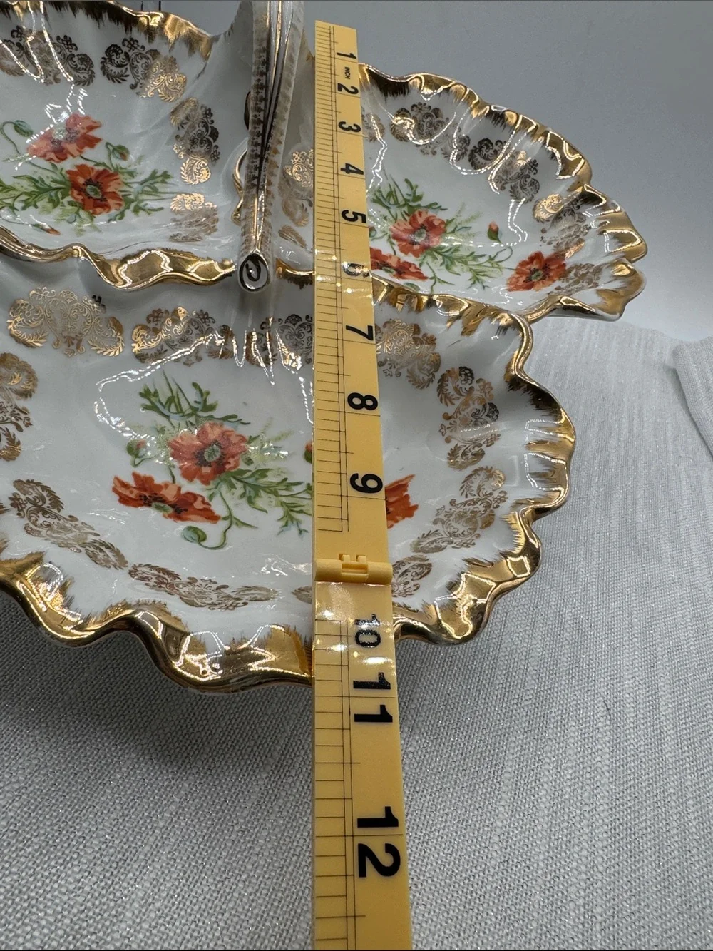 Victoria Carlsbad Divided Serving Dish Handle orange flowers Gold Trim scalloped